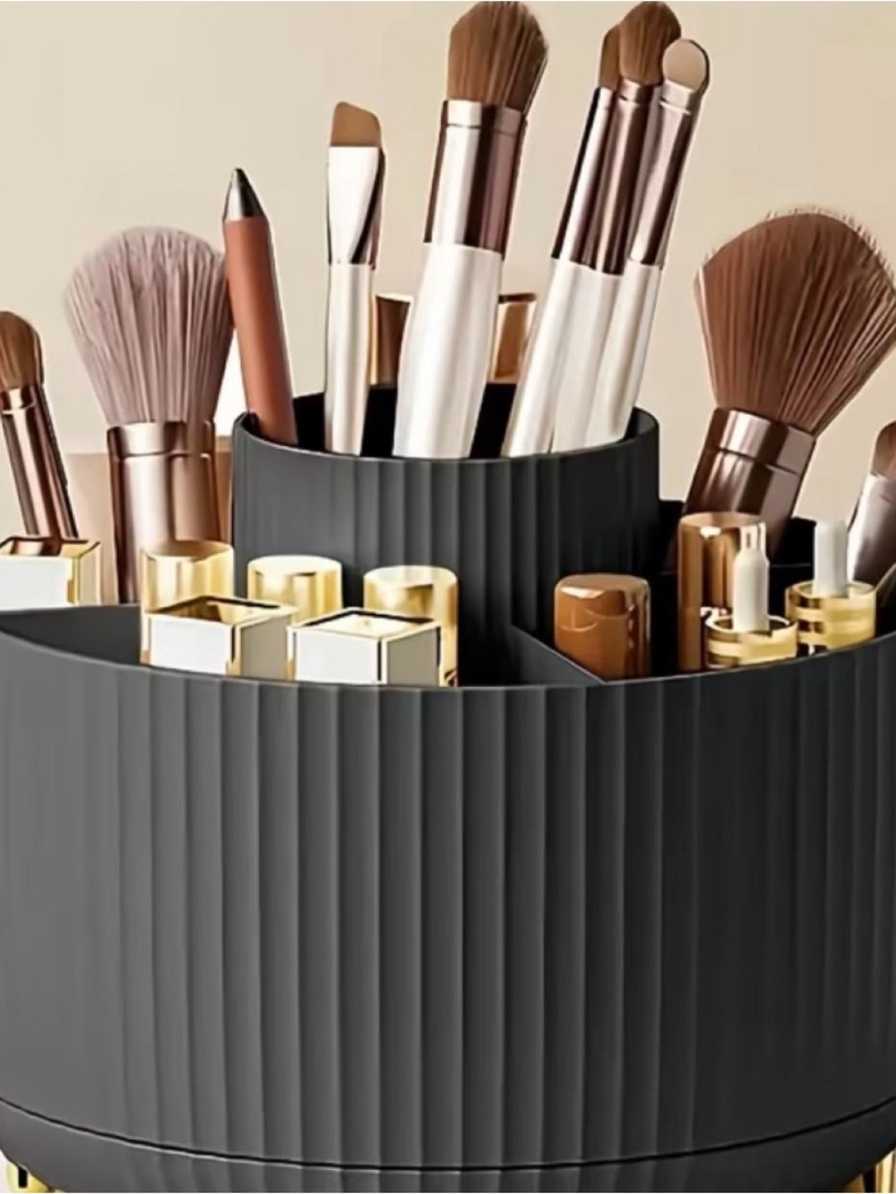 Vertical Ribbed Cosmetic Organizer Carousel in Black - Sleek Makeup Storage